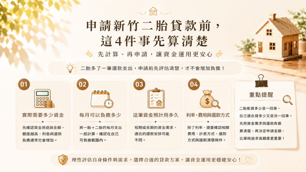 新竹二胎貸款申請前注意事項，包含資金需求、還款負擔、使用期間與貸款費用