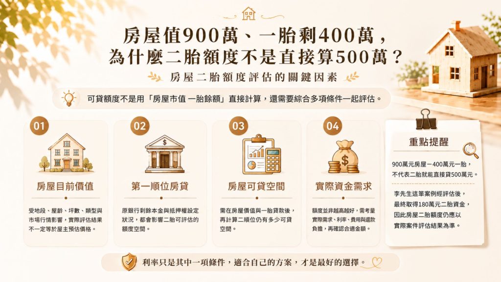 苗栗房屋二胎額度評估圖，說明房屋市值900萬元、一胎餘額400萬元時，二胎額度需依房屋價值、原房貸與可貸空間綜合評估